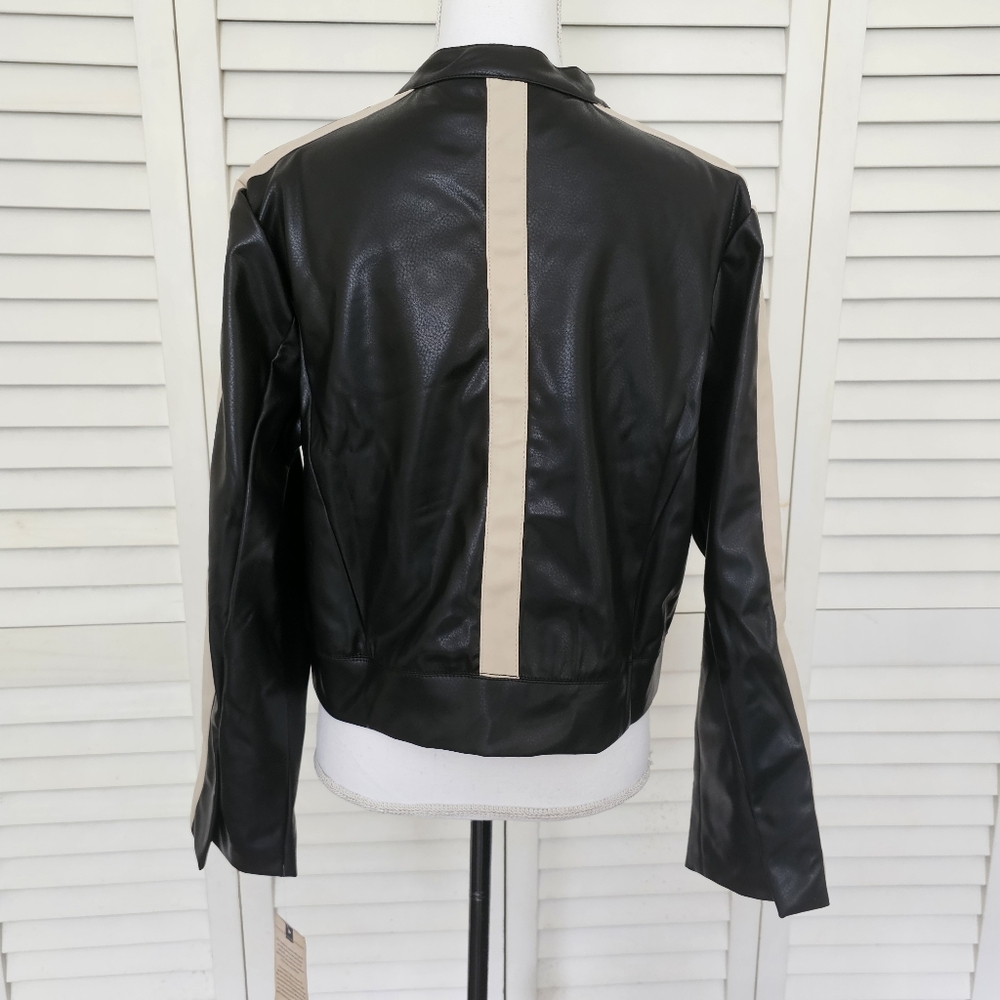 New Democracy Biker Jacket Size M Faux Leather Black Beige Zip Front Moto NWT - Picture 10 of 16